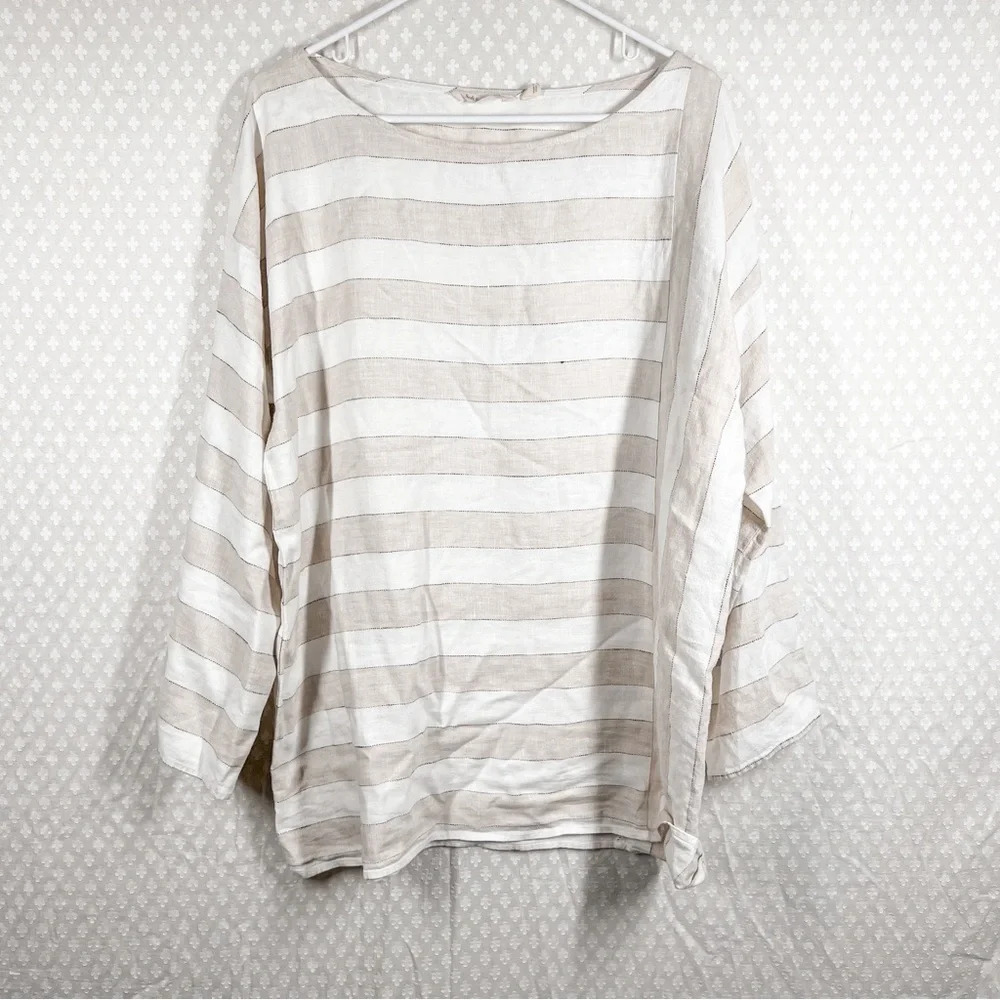 Soft Surroundings Tan White Striped Linen Boxy Longβ Sleeve Top Lagenlook